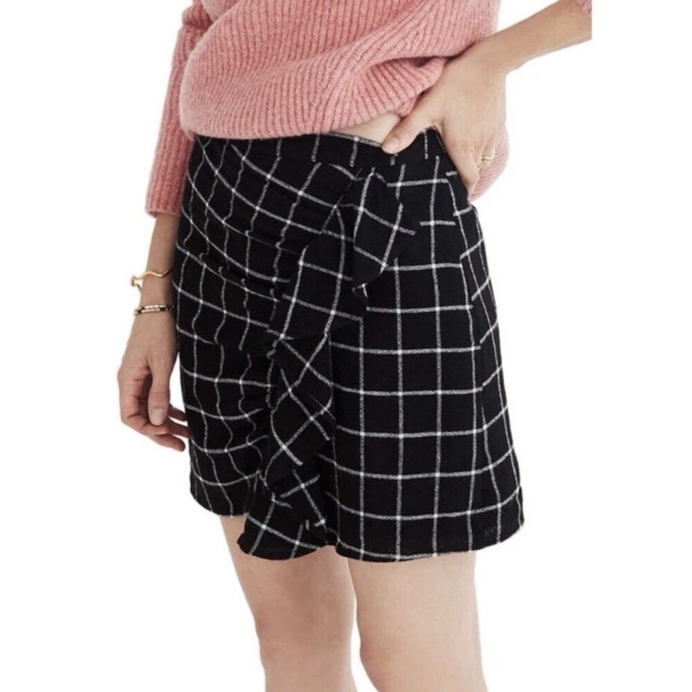 NWT Madewell Black Windowpane Plaid Wool Blend Ruffle Front Mini Skirt 4 NEW $88